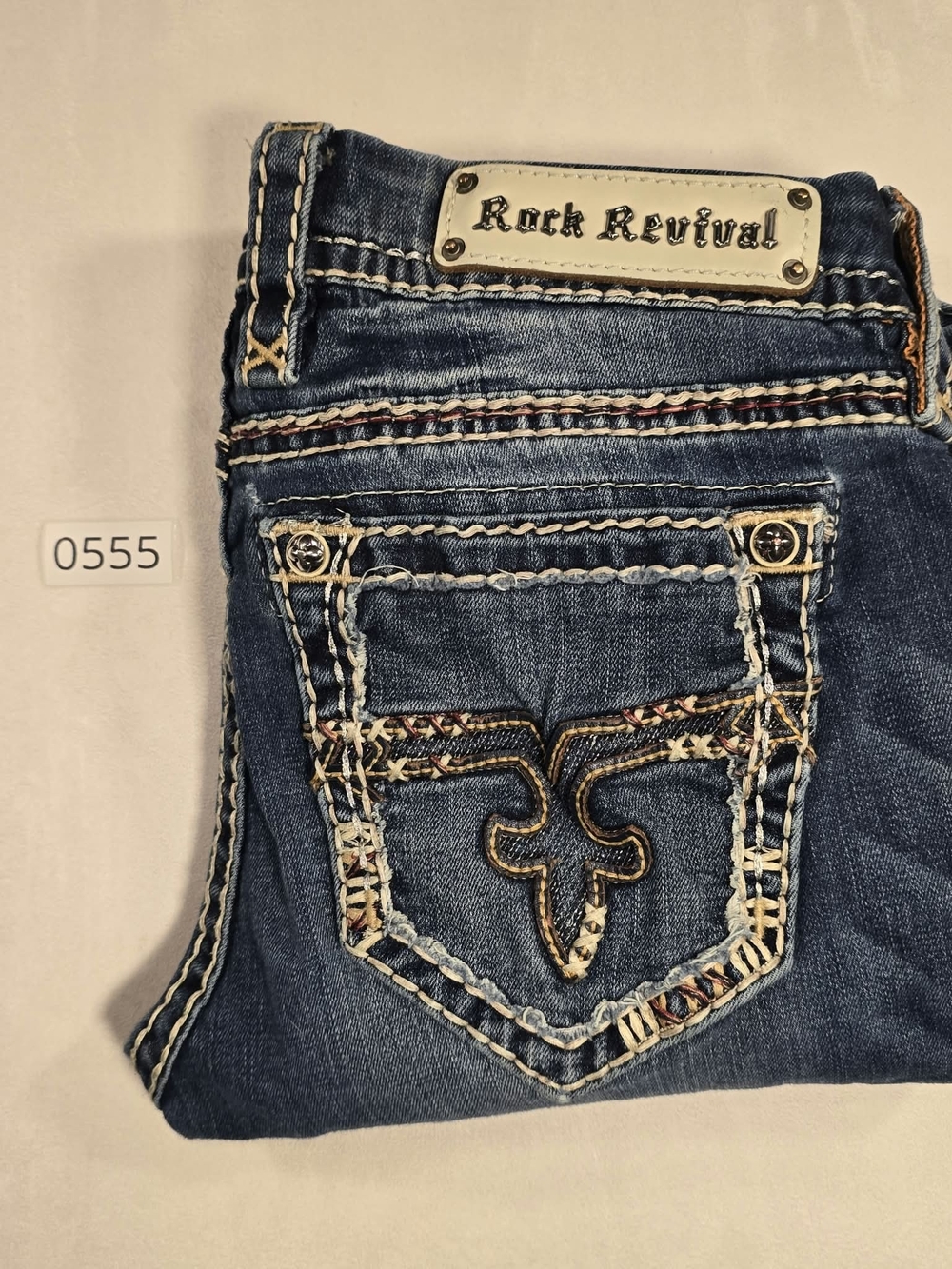 Rock Revival Elvina Straight Jeans Size 30 Thick Stitch Fleur De Lis Distressed